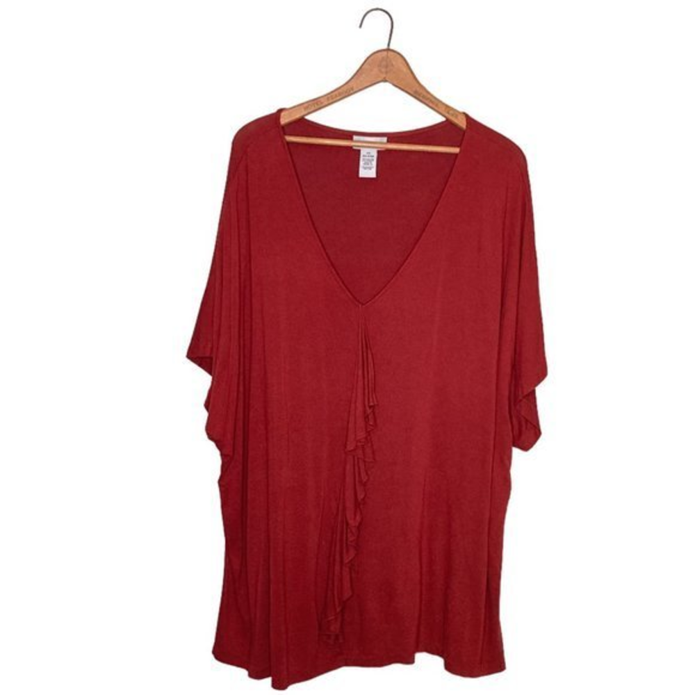 Catherines 2X 22/24W Orange V-Neck Ruffle‎ Front Detail Stretch Knit Top Plus